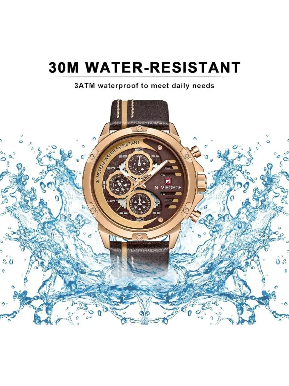 Mens Rose Gold Coffee Brown Analog Leather Band Waterproof Military Wrist Watch